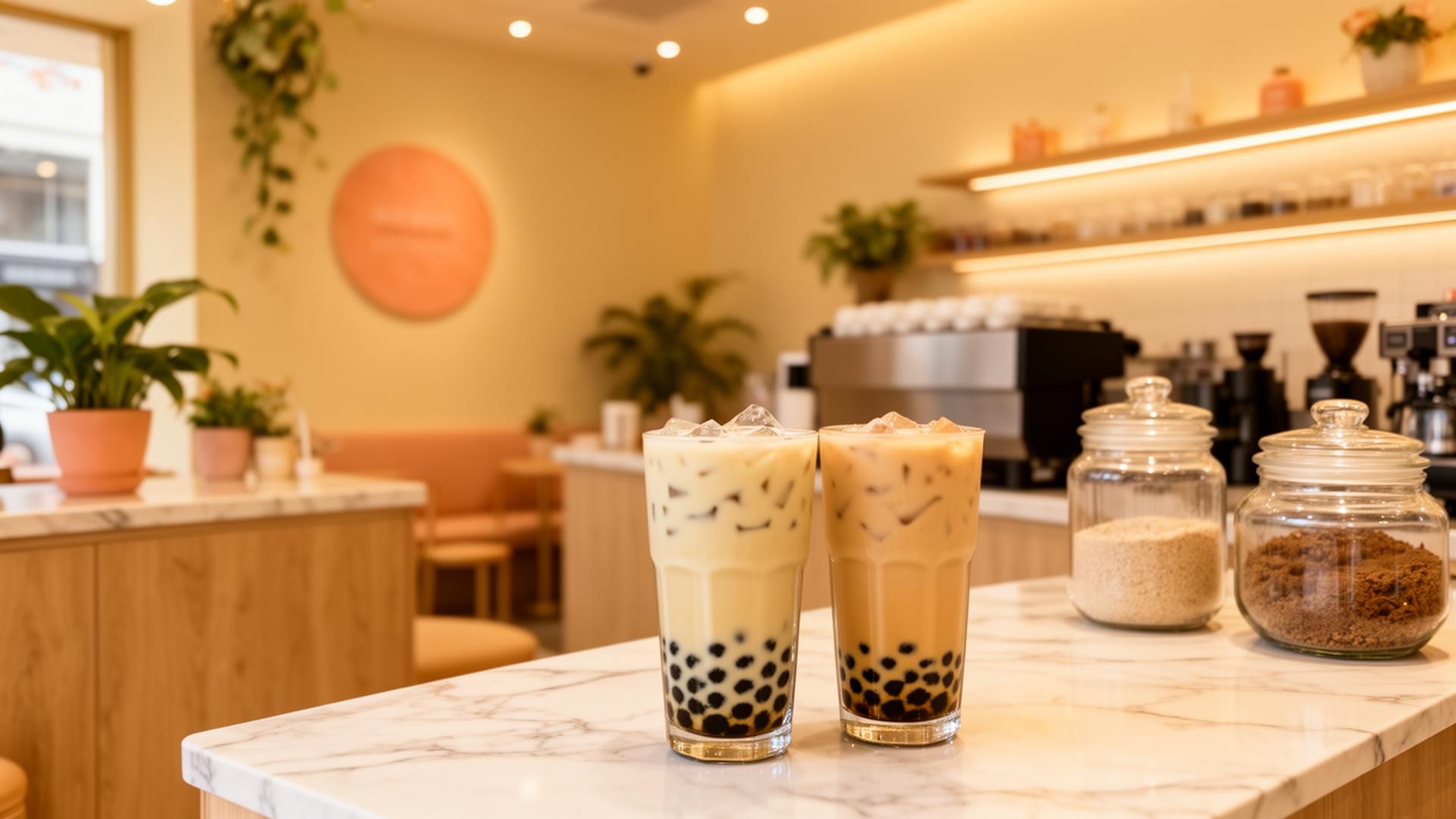 Cozy interior of Sip & Chill boba and coffee house with milk teas on marble counter